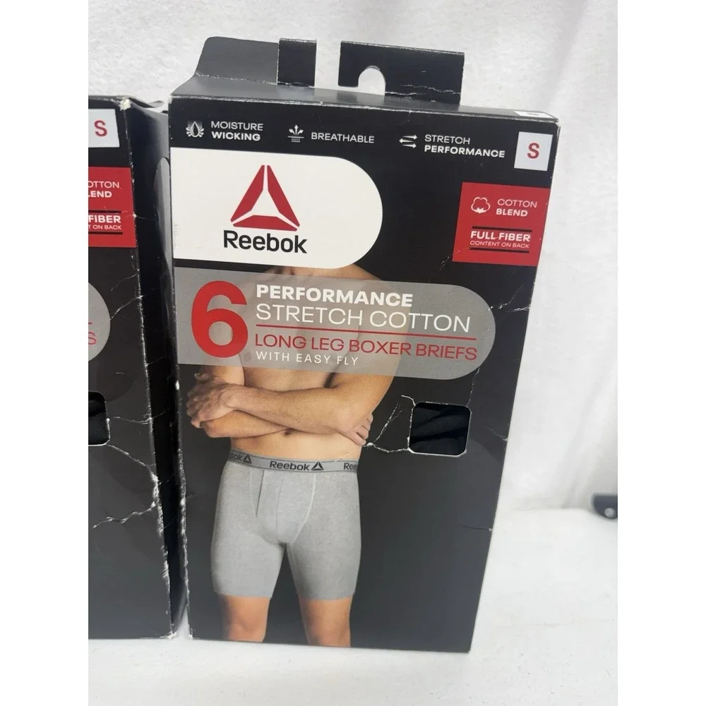 Lot Of 2 -6 Packs Reebok Cotton Long Leg Boxer Briefs w/Easy Fly Black Small